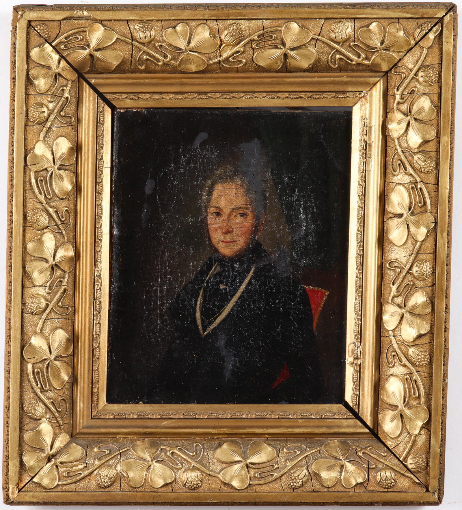19th Century Portrait of Irish Woman Oil on Canvas: Irish 19th century oil on canvas depicting a portrait of an elegant seated woman, inscription on patch on reverse reading in part "Arnold," giltwood frame with carved thistle and shamrock motif. Image