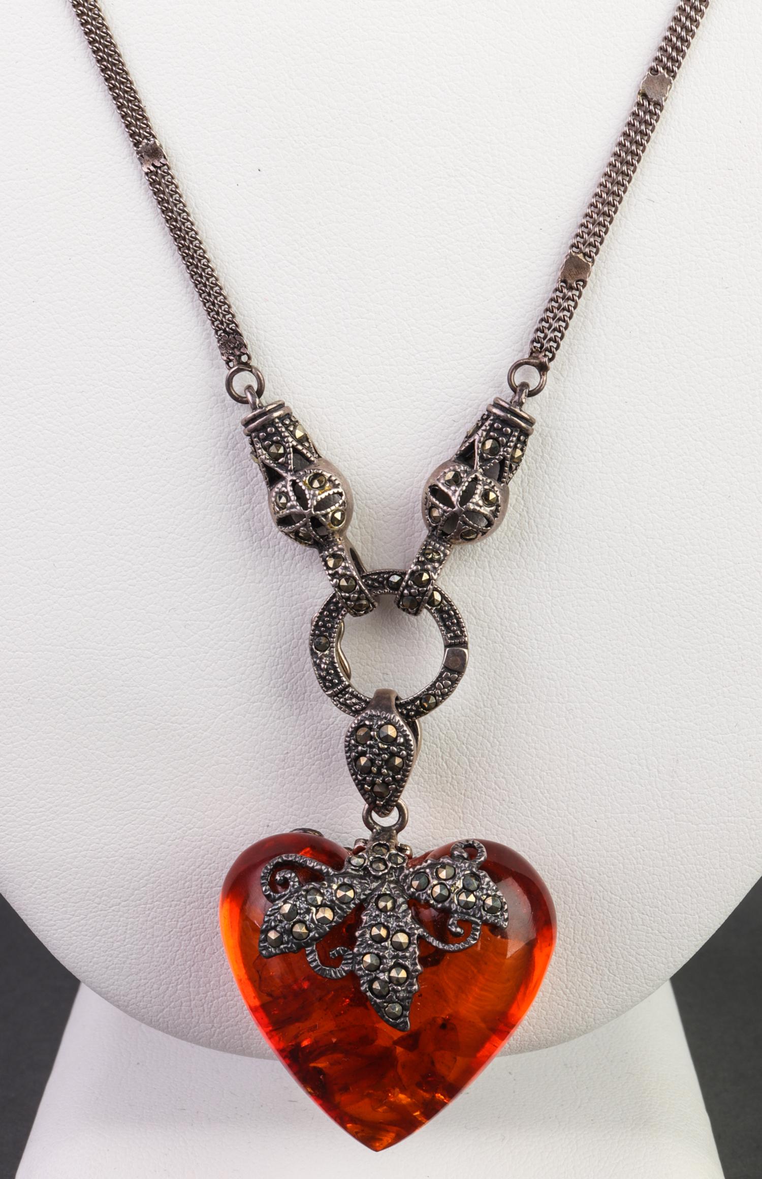Sterling Silver, Marcasite, & Amber Heart Necklace (1 of 5)