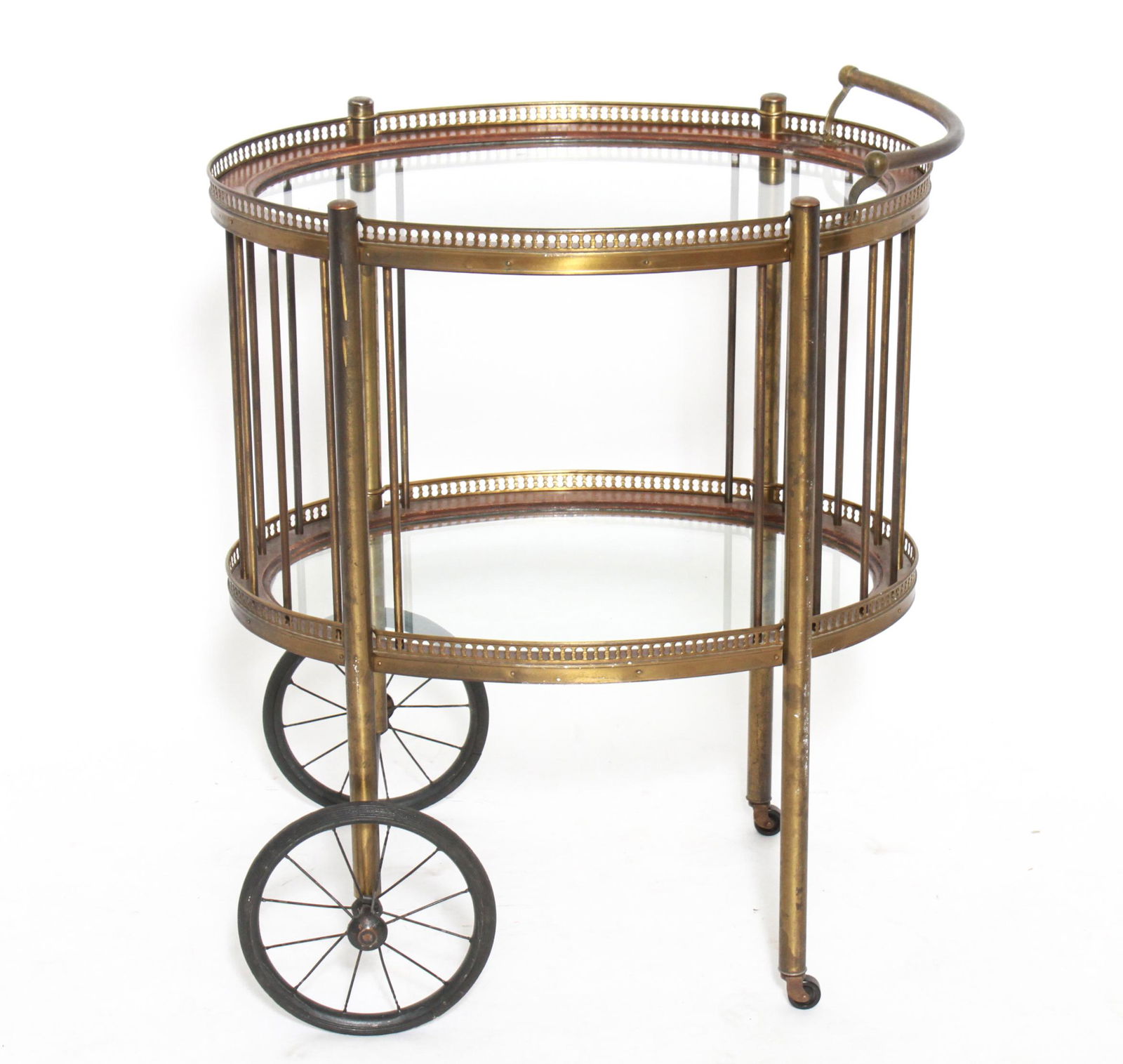 Two-Tier Brass & Wood Oval Rolling Tea Cart (1 of 5)