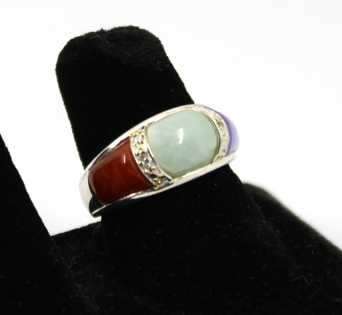 Rainbow Gemstone & Sterling Silver Ring: Rainbow gemstone and sterling silver ring, including jade, carnelian, and amethyst, stamped "925 China." Ring size: 7. Weight: 0.17 ozt inclusive.