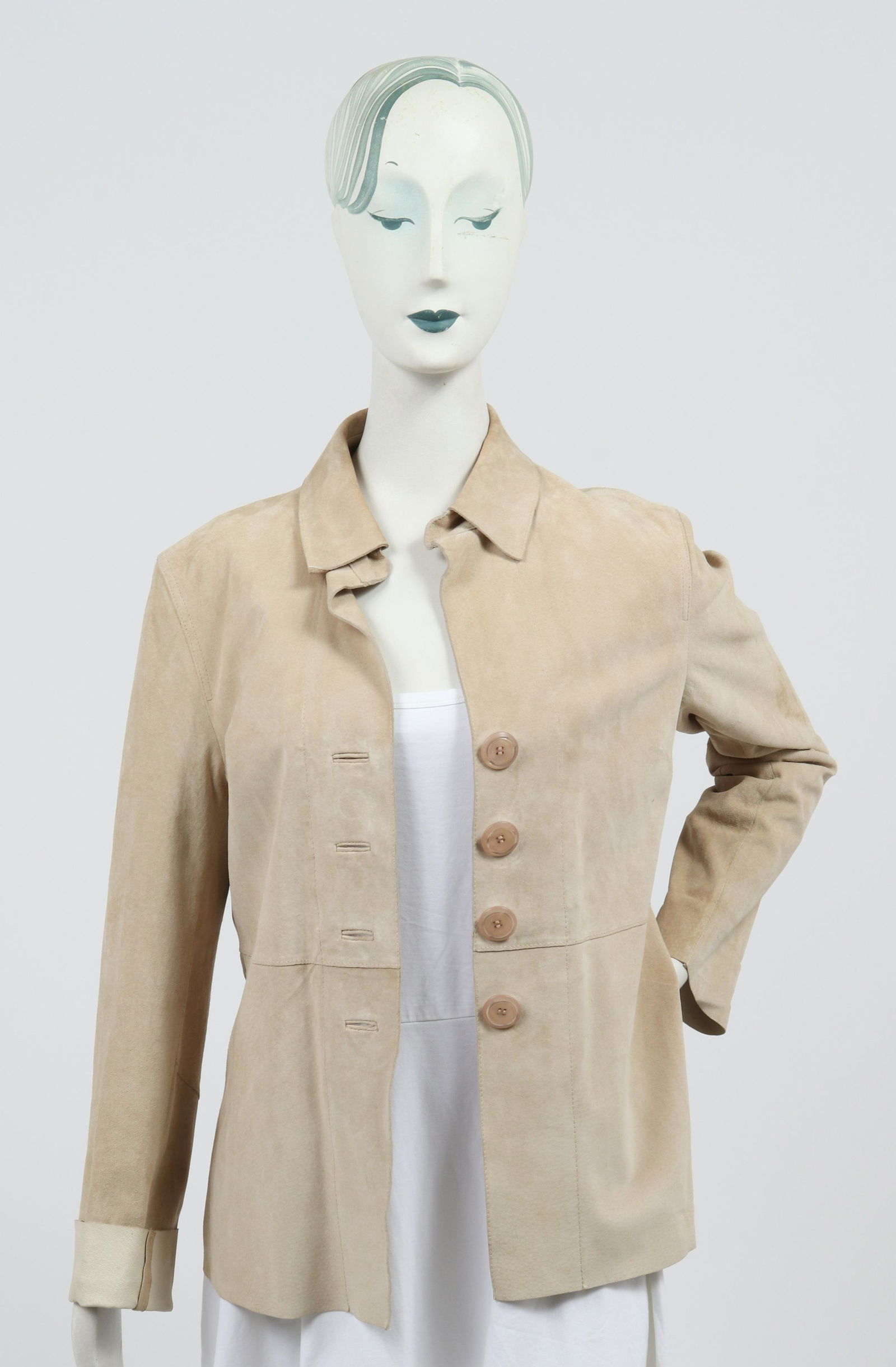 Mary Jane Marcasiano Suede Shirt Jacket: Mary Jane Marcasiano suede leather shirt jacket with single-breast button closure, designer's label and size "Mary Jane Marcasiano / 8" to interior. Shoulders: 18.5" W; armpits: 16.5" W; length to bot