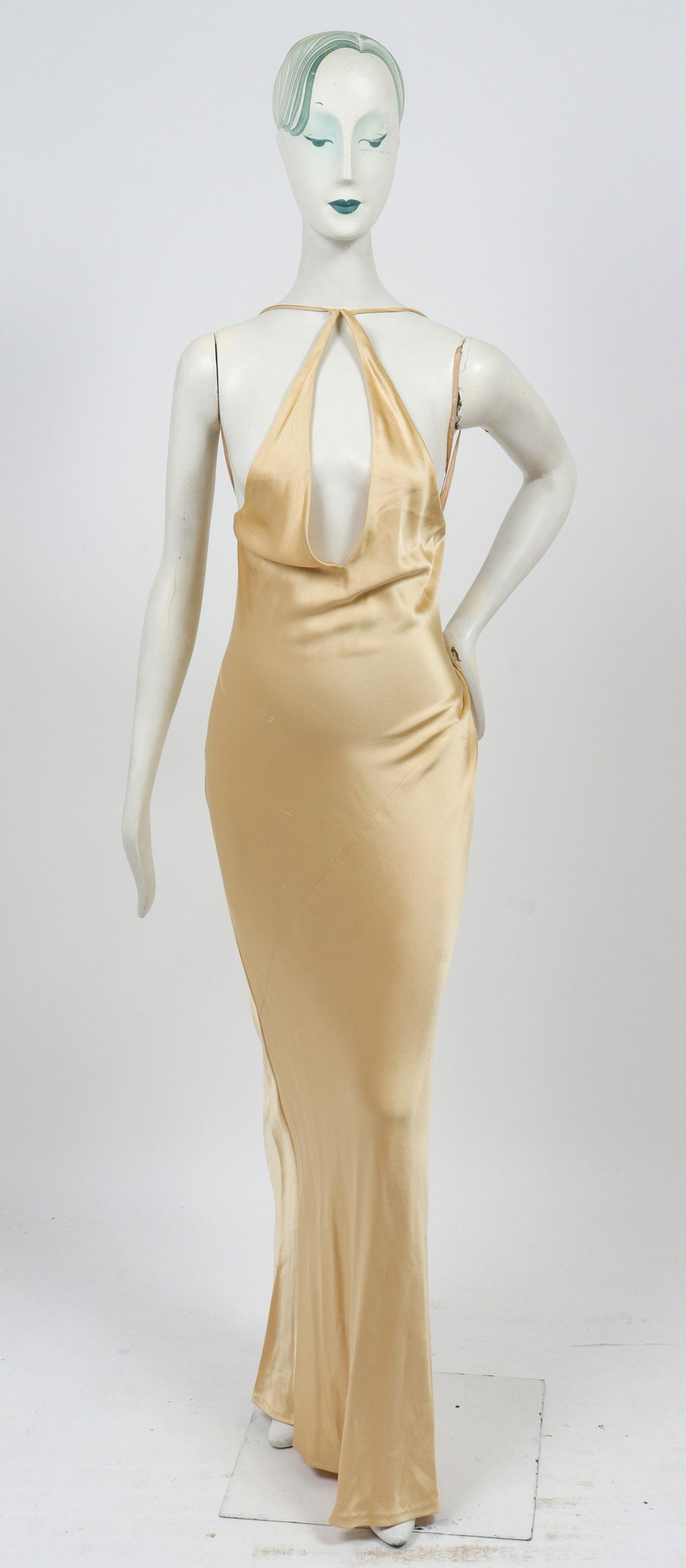 Bill Blass Satin Halter Neck Slip Dress: Bill Blass satin halter neck slip dress, full-length with back zipper, designer label "Bill Blass." Armpits: 18" W; waist: 15" W; hips: 19" W; length to bottom hem: 64" L. Pulling of thread, minor soi