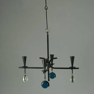 Modern Gunnar Ander Wrought Iron Chandelier: Mid-Century Modern Gunnar Ander for Boda and Ystad metal / wrought iron non-electrified four-arm chandelier with glass pendants, c. 1960s. 12" H x 15" W. Length of adjustable iron link chain: 24" L; m