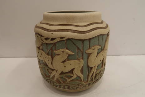 Mougin Freres Nancy Pottery French Art Deco Vase: Mougin Freres Nancy pottery French Art Deco sandstone ceramic vase with antelope motifs, signed to underside, circa 1930s. 9.5" H x 9" diameter. Hairling to top edge.