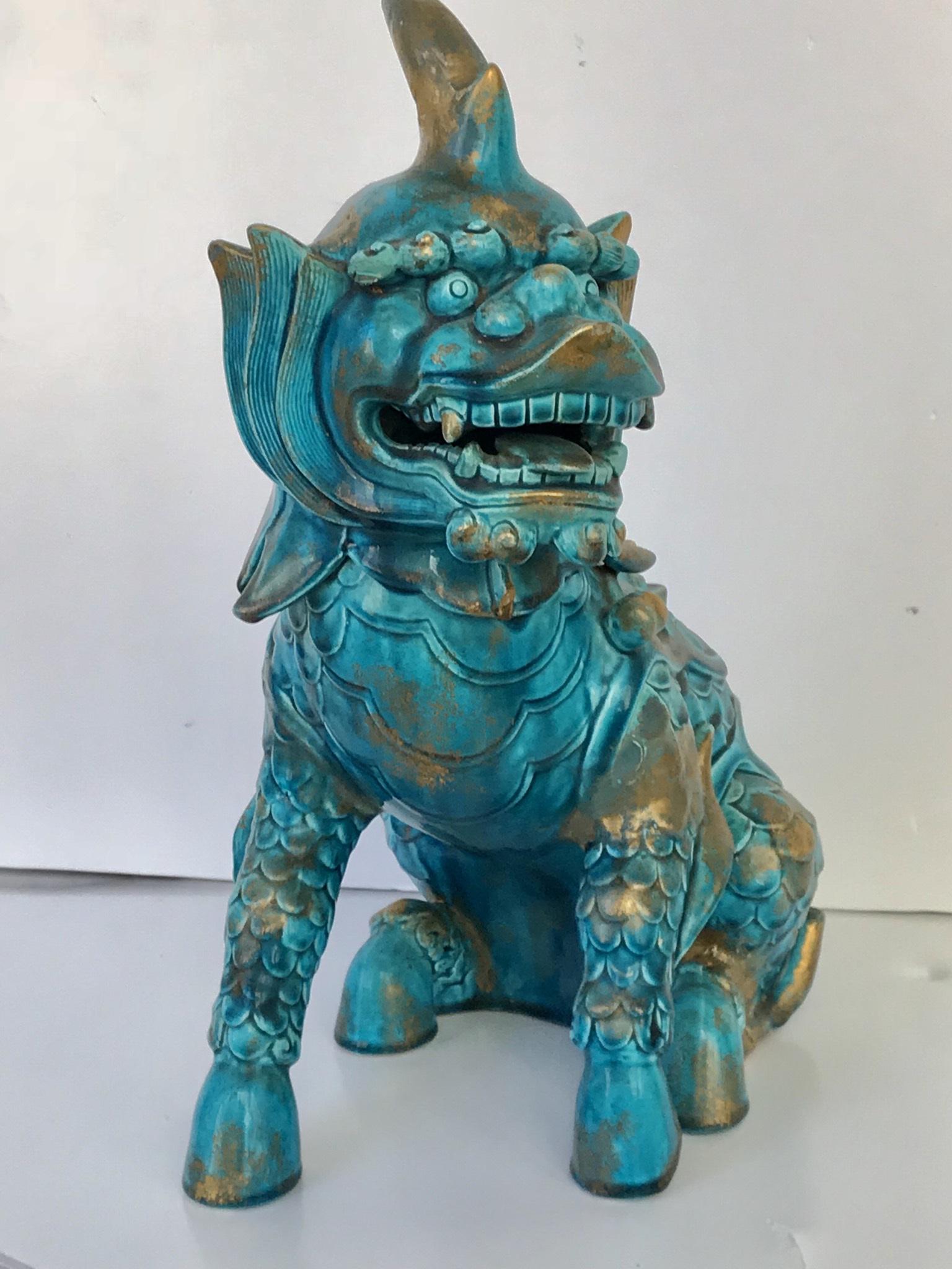 Mid-Century Chinese Blue Glazed Foo Dog Sculpture (1 of 11)