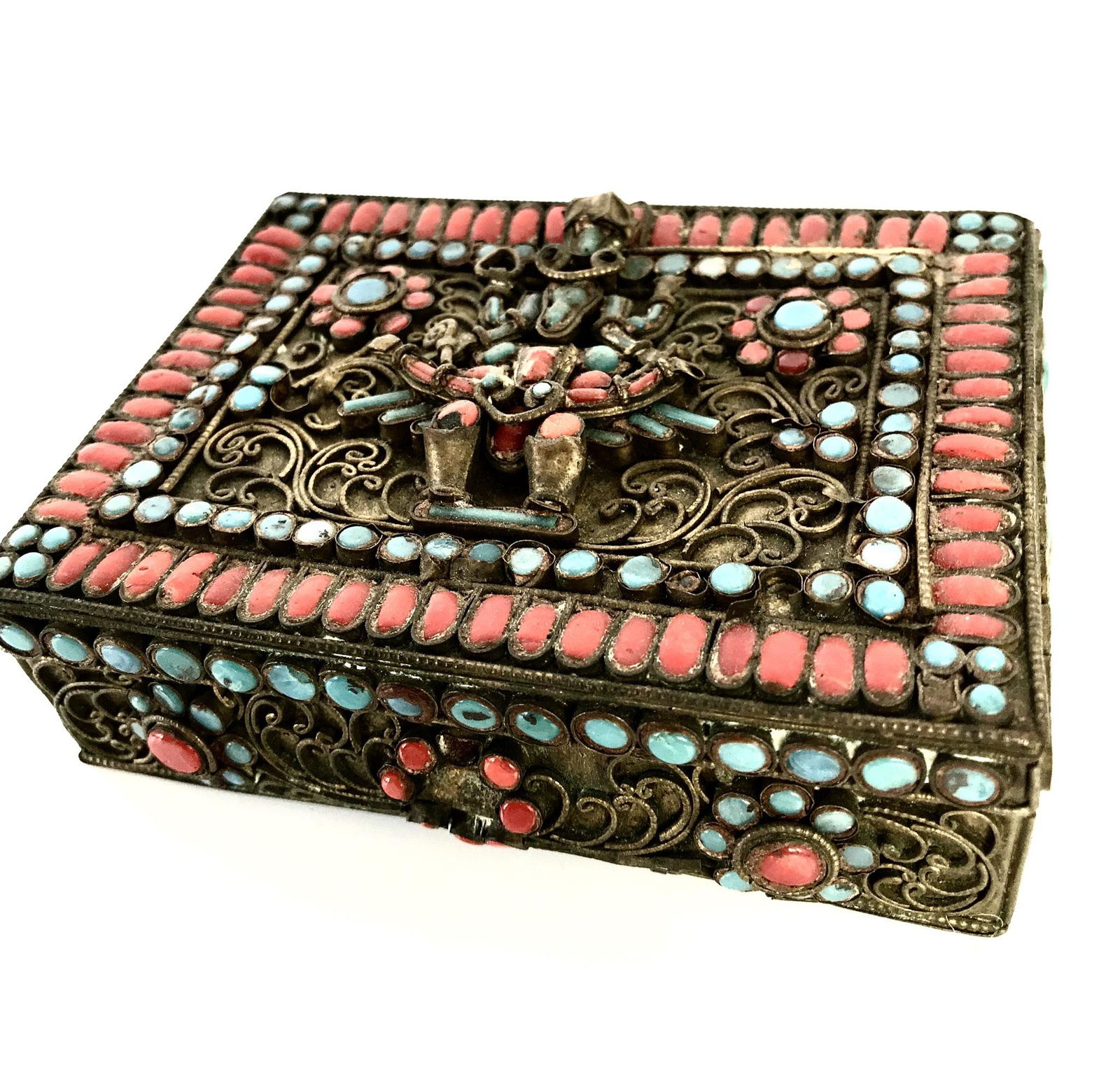 Tibetan Brass Box W Coral & Turquoise Inlay (1 of 8)