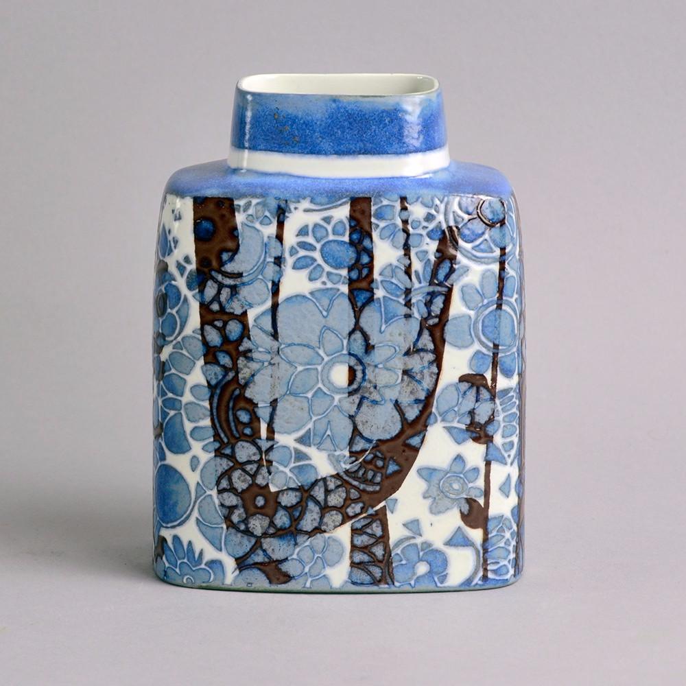 Johanne Gerber for Royal Copenhagen "Baca" Vase: Mid-Century Modern Johanne Gerber for Royal Copenhagen"Baca" vase with matte blue, brown and white glaze, printed "ROYAL COPENHAGEN DENMARK FAJANCE", "JG" monogram, painted "780/3121", circa 1960s. 7.