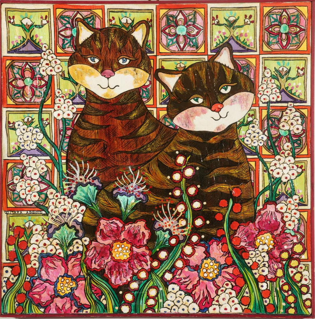 Mara Abboud "Two Cats" Oil on Canvas: Mara Lynn Abboud (American, b. 1949) "Two Cats," oil on canvas, signed and dated at center left: "Mara Abboud 1978," depicting two felines surrounded by flowers and in front of tiled background. Image