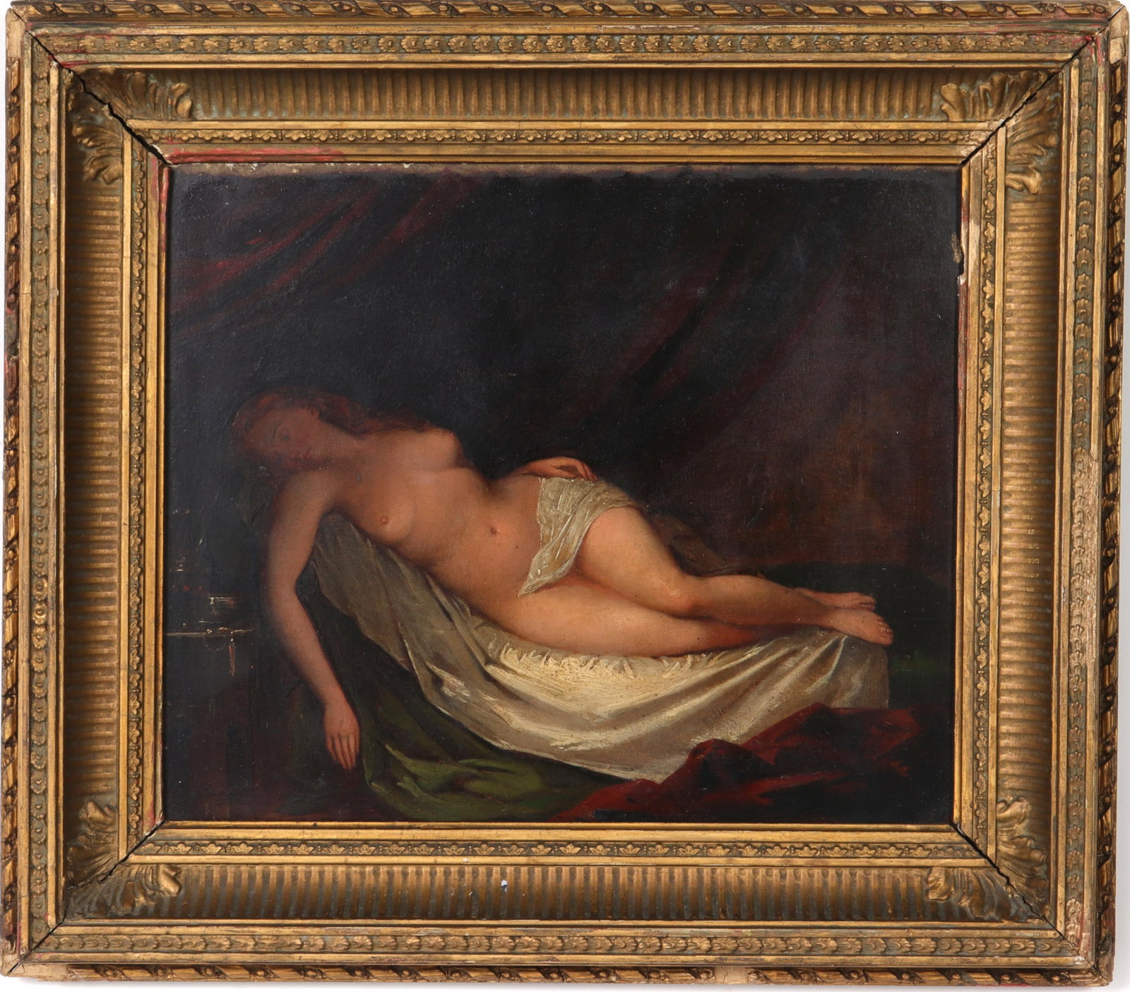 "Reclining Nude" Continental Oil on Board: Continental oil on board, late 19th / early 20th century, depicting a reclining female nude. Image: 9.25" H x 11.25" W; frame: 14" H x 16" W x 1.75" D.