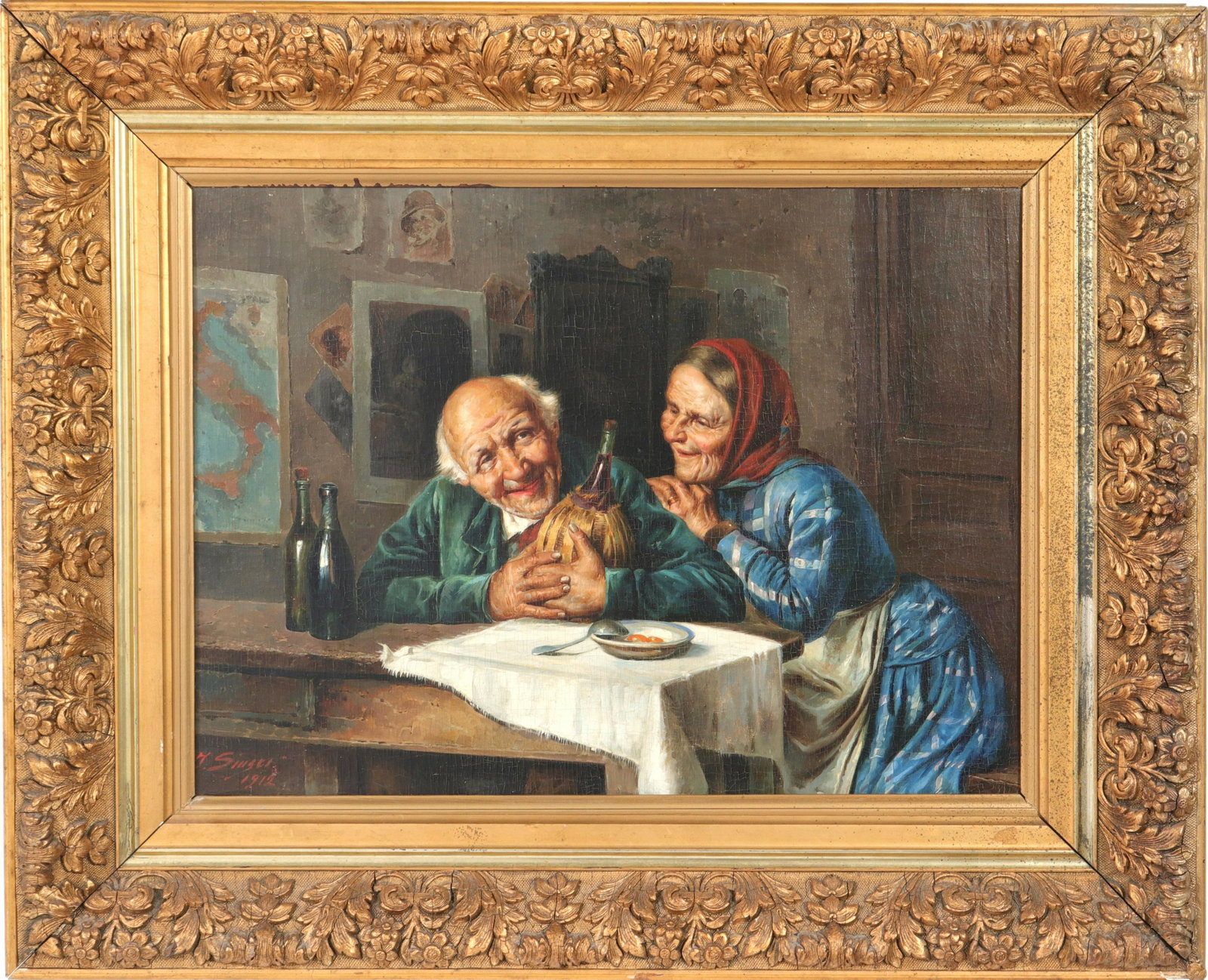 J. Singer Signed "Merry Couple" Oil on Canvas: J. Singer signed oil on canvas, depicting elderly couple at table with liquor bottles, a map of Italy hanging to their left, signed and dated lower left: "J. Singer 1912." Image: 16.5" H x 22.5" W; fr
