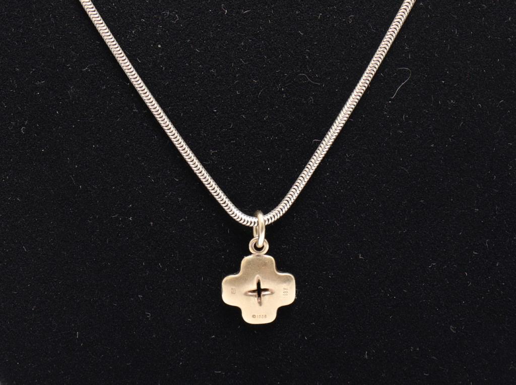 Pedro Boregaard 18K White Gold Pendant Necklace: Pedro Boregaard 18K white gold necklace with modernist pierced cross pendant on chain, marked on pendant with maker's mark and "1986 / 18K," marked "18K" on clasp. Pendant: 0.5" H x 0.5" W; chain: 24"