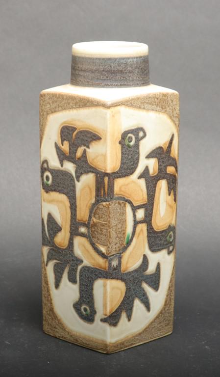 Johanne Gerber for Royal Copenhagen Faience Vase: Johanne Gerber for Royal Copenhagen faience vase, with stylized bird decoration. maker's mark underside. 9" H x 3" square.