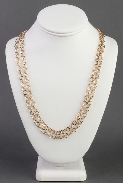 Atasay Designer 14K Yellow Gold Link Necklace: Modern Atasay designer 14K yellow gold round link chain necklace with lobster claw clasp, marked on terminals "AK 14K" and "Turkey." Links approx: 0.25" diameter. Necklace approx: 52" L. Approx: 10.8 