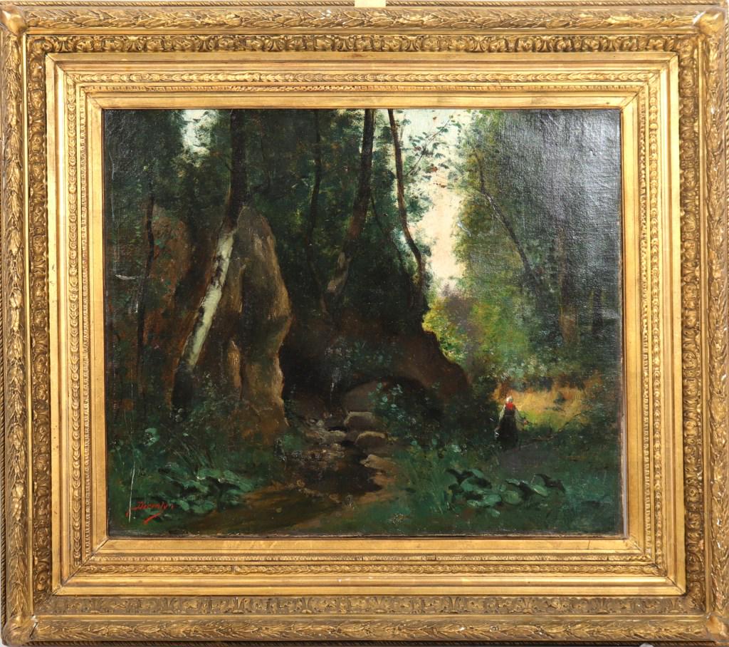 Continental Forest Landscape with Woman Oil: Continental School oil on canvas depicting forest landscape with woman at right, in the style of the Barbizon School, bearing illegible signature lower left, possibly "Derenly." Image: 21" H x 25" W; 