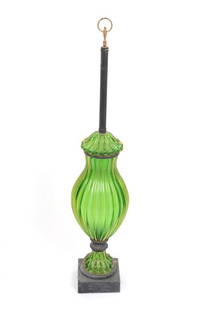 Seguso for Marbro Monumental Murano Glass Lamp: Monumental Mid-Century Italian lamp in green Murano glass by Seguso for Marbro Lamp Company, of urn form with ribbed detail over square base, stamped "Marbro" to underside. Overall: 40" H x 8" diamete