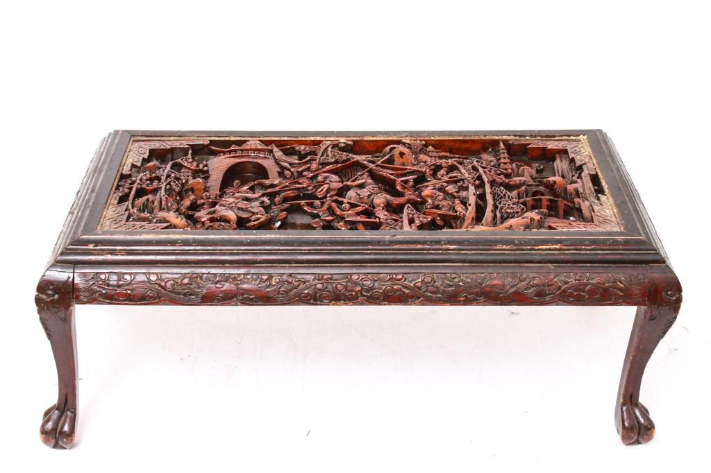 Asian Low Table w High Relief Carved Figural Scene (1 of 7)