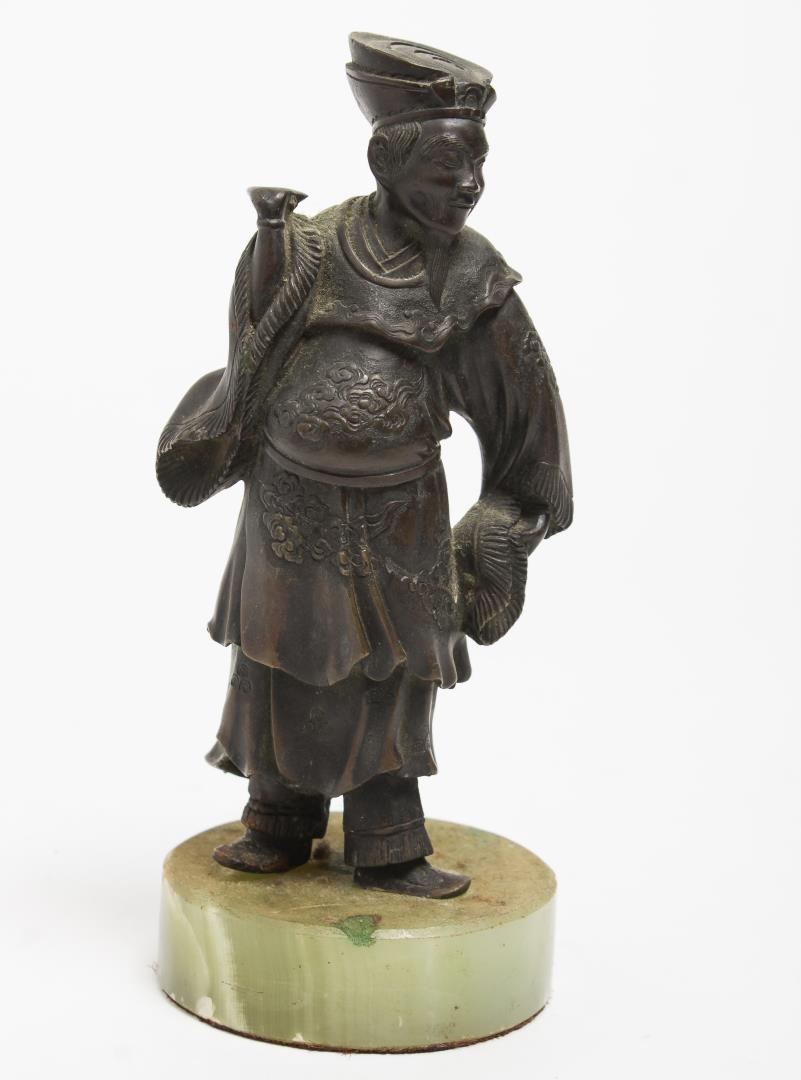 Japanese Meiji Bronze Court Figure Sculpture: Japanese Meiji Period bronze court figure on green onyx base. 7.5" H.