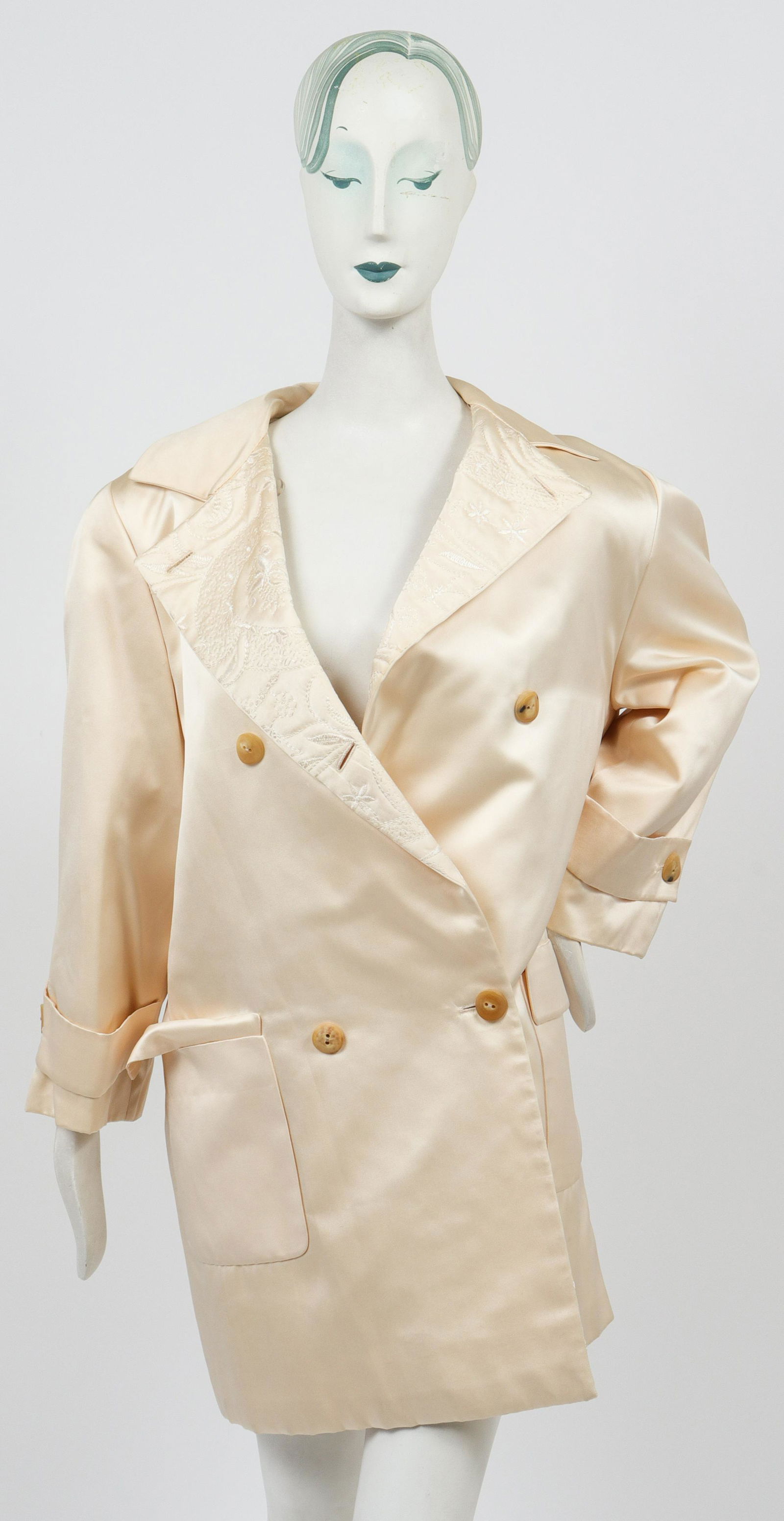 Bill Blass Satin Coat W Floral Pattern Stitching (1 of 6)