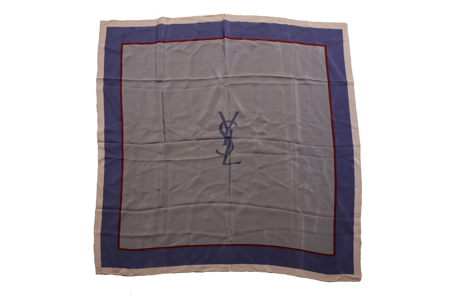 Yves Saint Laurent Silk Stripe Scarf: Yves Saint Laurent stripe silk scarf with center "YSL" motif. 32" square.