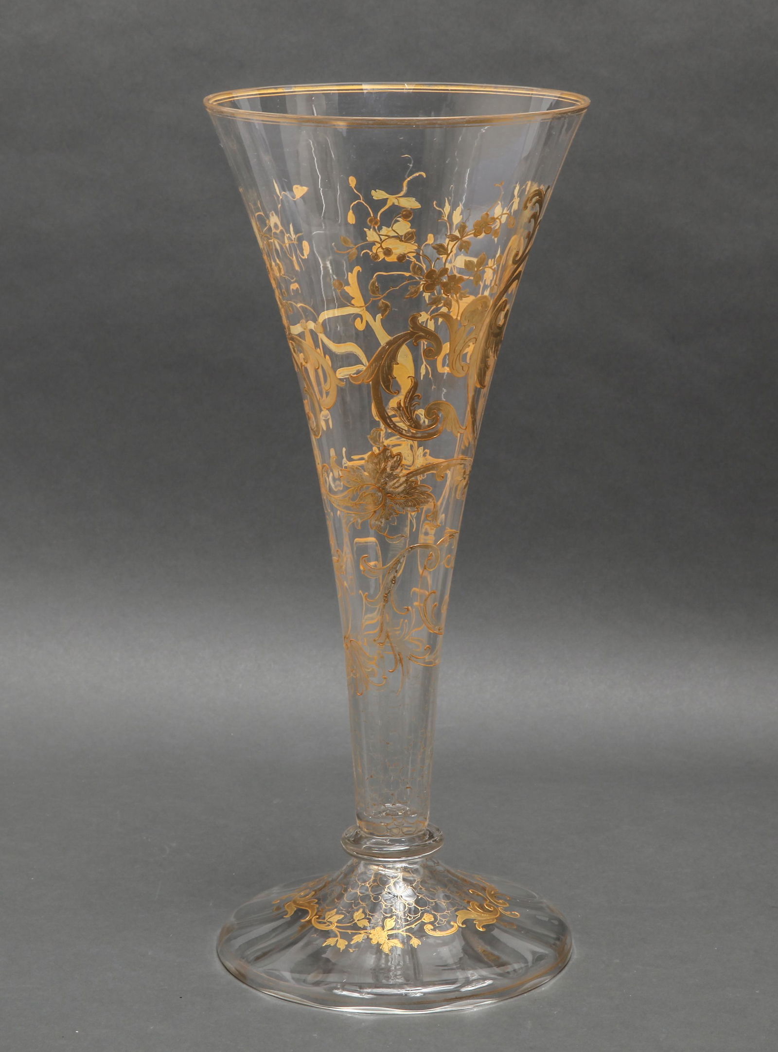 Early 20th C. European Art Glass Trumpet Vase: European style art glass trumpet vase with enamel decoration, early 20th century, possibly Moser, bearing mark underside: "LCT." 15.75" H x 6.75" diameter.