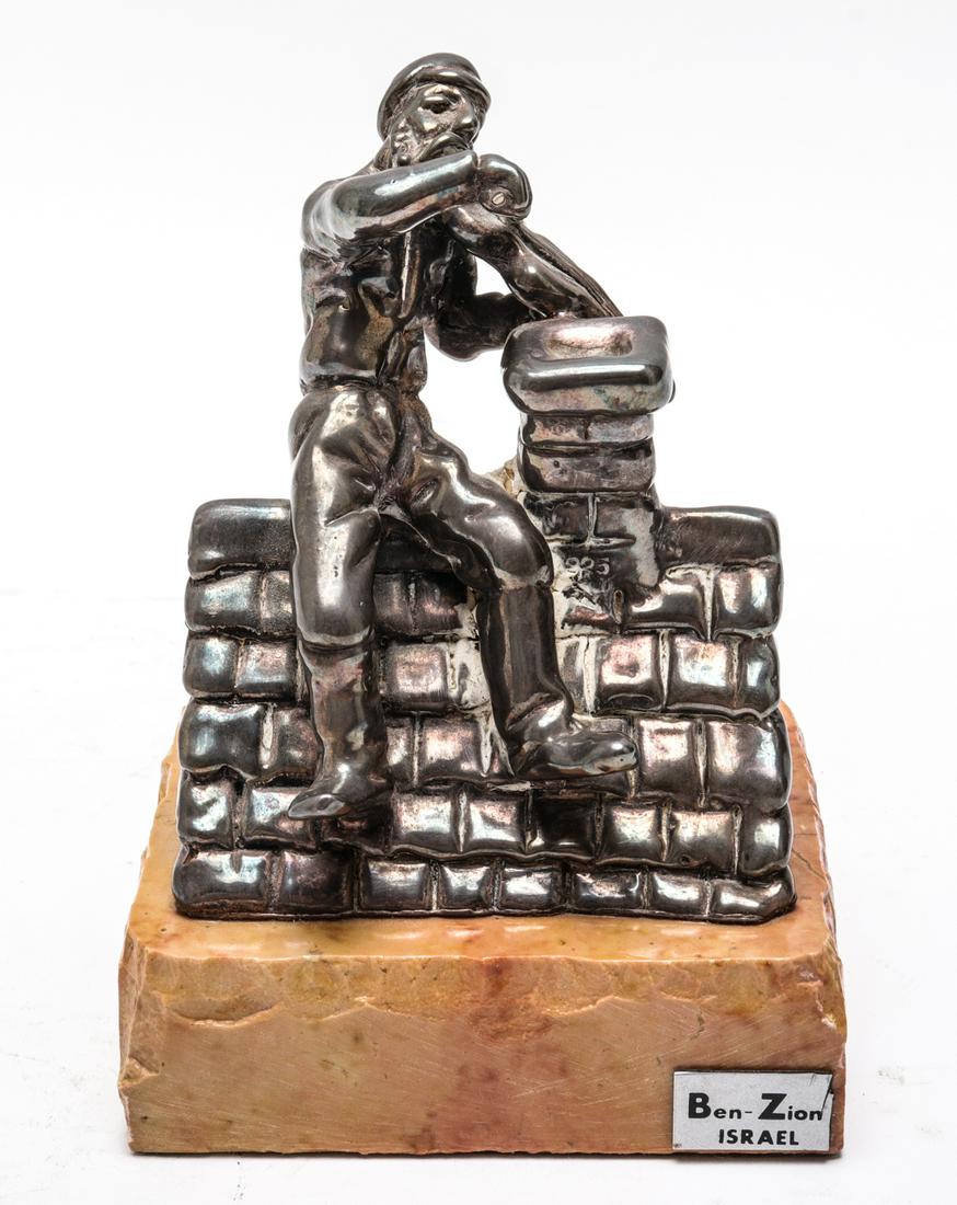 Ben-Zion Silver "Fiddler On The Roof" Sculpture: Judaica Ben-Zion "Fiddler on the Roof" sterling silver sculpture mounted on a stone base with applied label "Ben-Zion / Israel," marked "925" on chimney. Sculpture 3.875" H. x 3" W. x 2.25" D. Base 1.