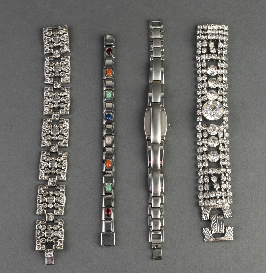 Misc. Steel & Silver-Tone Bracelets, Watch, 4: Miscellaneous steel and silver-tone bracelets and watch, including silver-tone watch with push-out reveal, a steel link elastic bracelet with enamel details, and two rhinestone link bracelets with cla