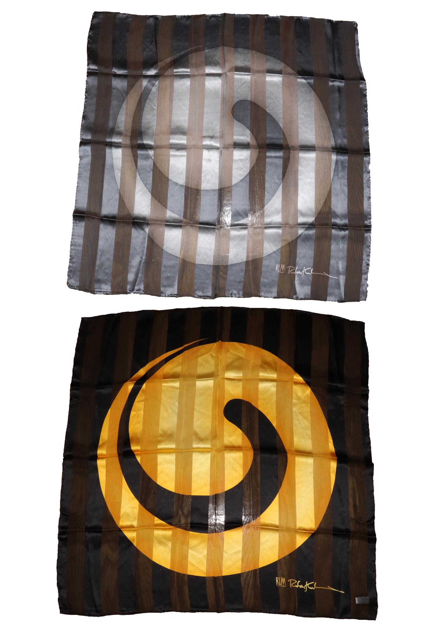 RLM Studio by Robert Lee Morris Silk Scarves, 2: Two RLM Studio by Robert Lee Morris silk scarves. 34" square.