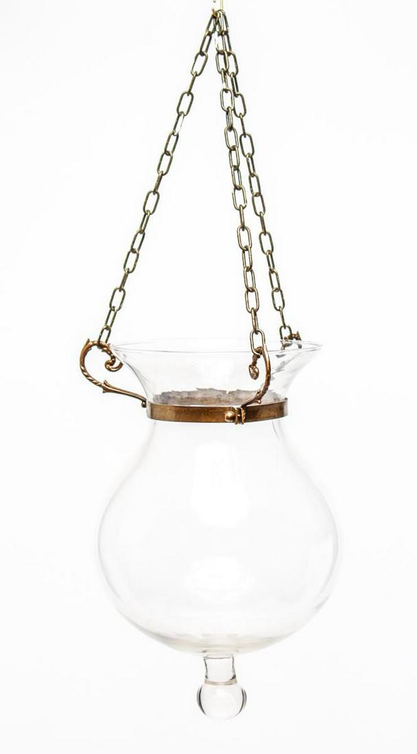 Glass Bell Jar Fixture Pendant Chandelier: Large hand-blown glass hanging lamp, possibly Italian, pear-shaped, with an open top and large attached nipple pendant, with dark gold-tone brass collar and three chains. Globe: 12" H; on chains: 21.5