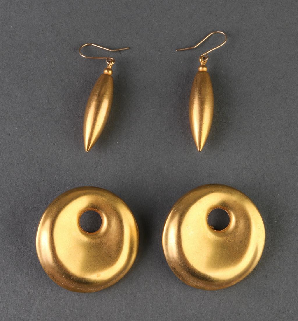 Robert Lee Morris Gold-Tone Earrings, 2: Two pairs of Robert Lee Morris gold-tone earrings, one pair with fish hooks, the other with clip-on backs and marked "Robert Lee Morris." Larger: 1.25" diameter.