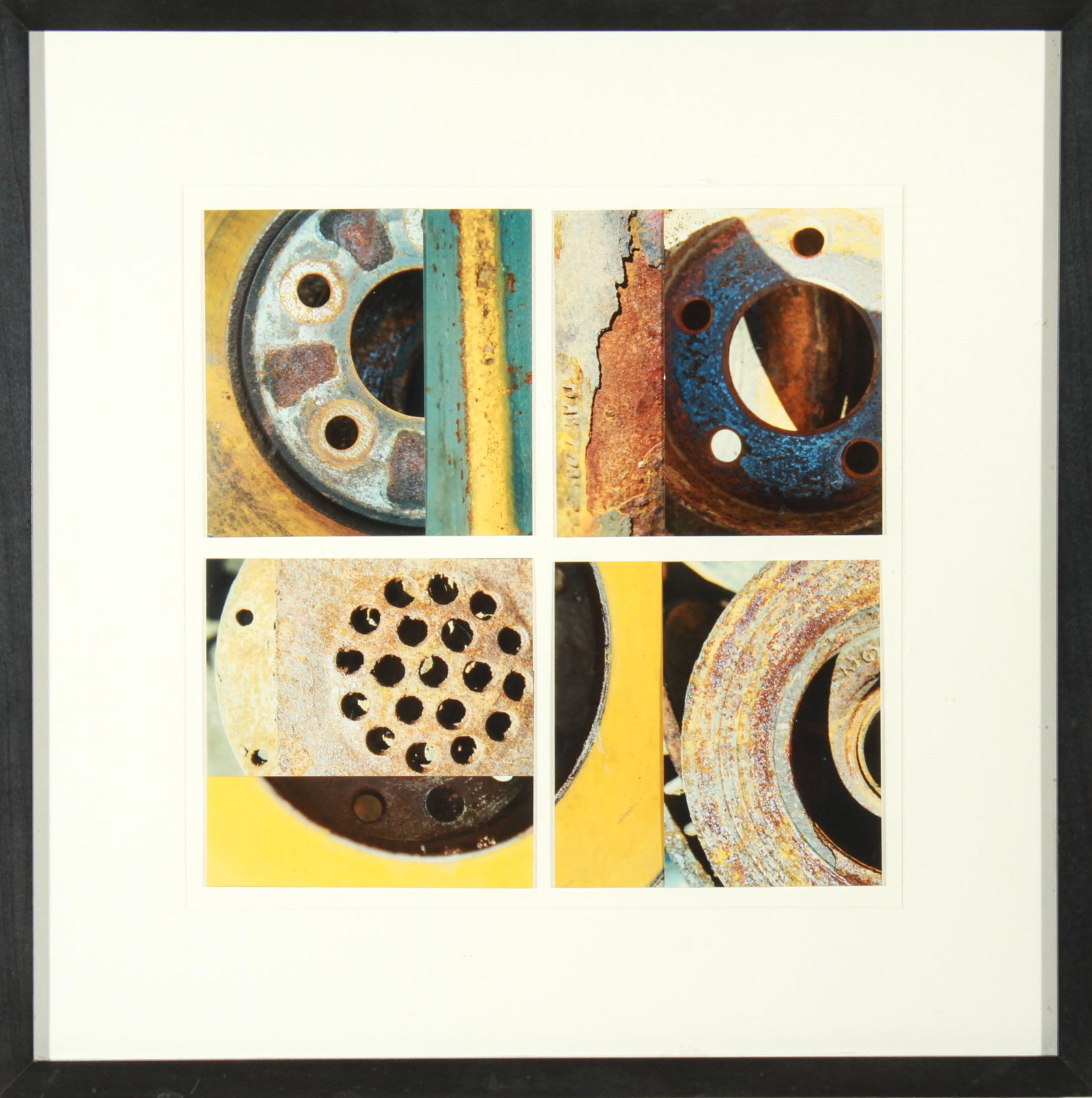 Wendy Holmes Noyes Scrap Yard Color Photograph: Wendy Homes Noyes (American, XX-XXI) four square color photographs mounted together, from the "Save Gold's Scrapyard" exhibition at Time & Space Ltd. (Hudson, NY) 2001. Each photograph: 6" square; ima