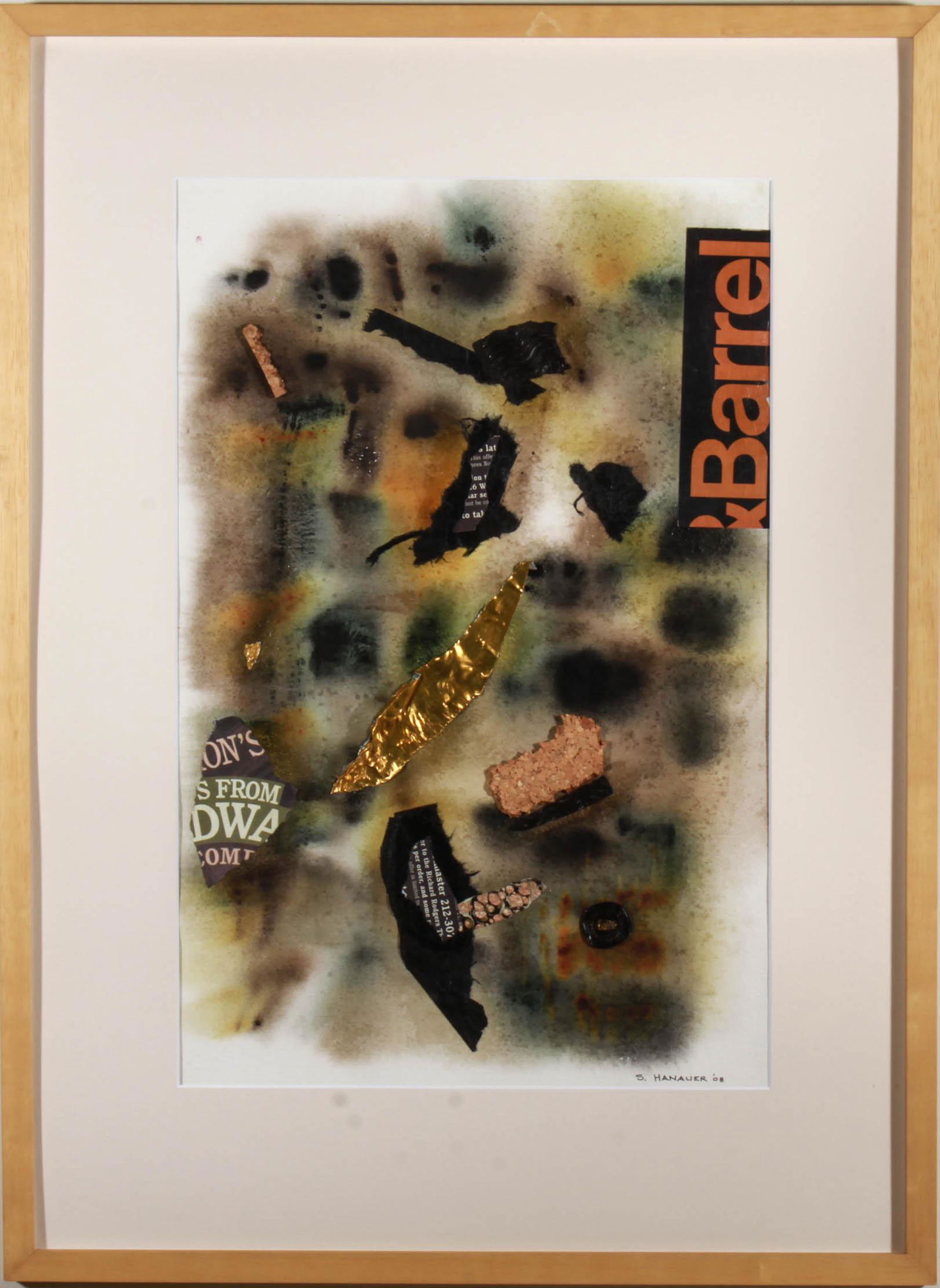 Sanford Hanauer Found Object Collage on Paper: Sanford Hanauer contemporary found object collage, incorporating cork, wine foil, advertisements and other text all against painted background, signed and dated in ink lower right "S. Hanauer '08," ar