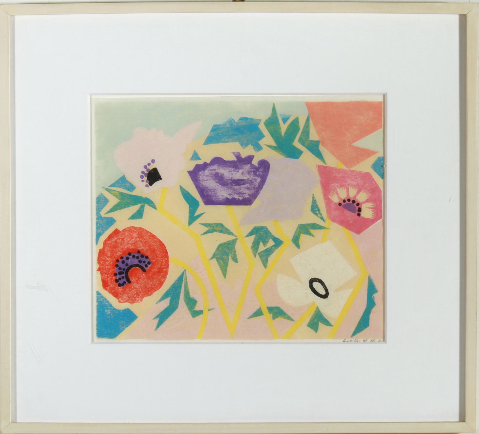 Illegibly Signed "Flowers" Woodcut on Paper (1 of 4)