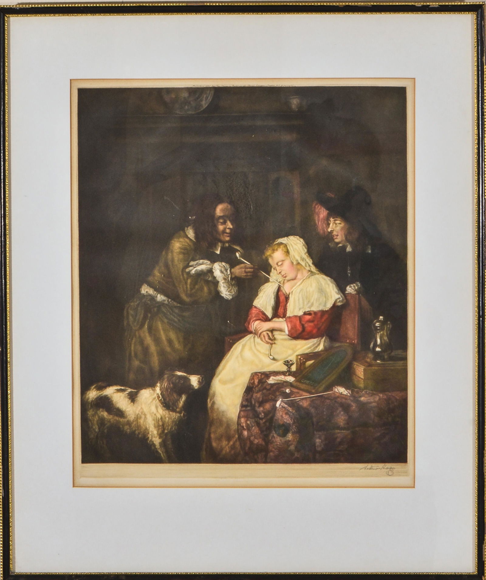 Arthur Hogg "The Drowsy Landlady" Aquatint: Arthur Hogg (active, 1913-1929) aquatint of Gabriel Metsu's "The Drowsy Landlady," signed in pencil bottom right Arthur Hogg, marked "Published 1930 by the Museum Galleries 53 Shorts Gardens London, W