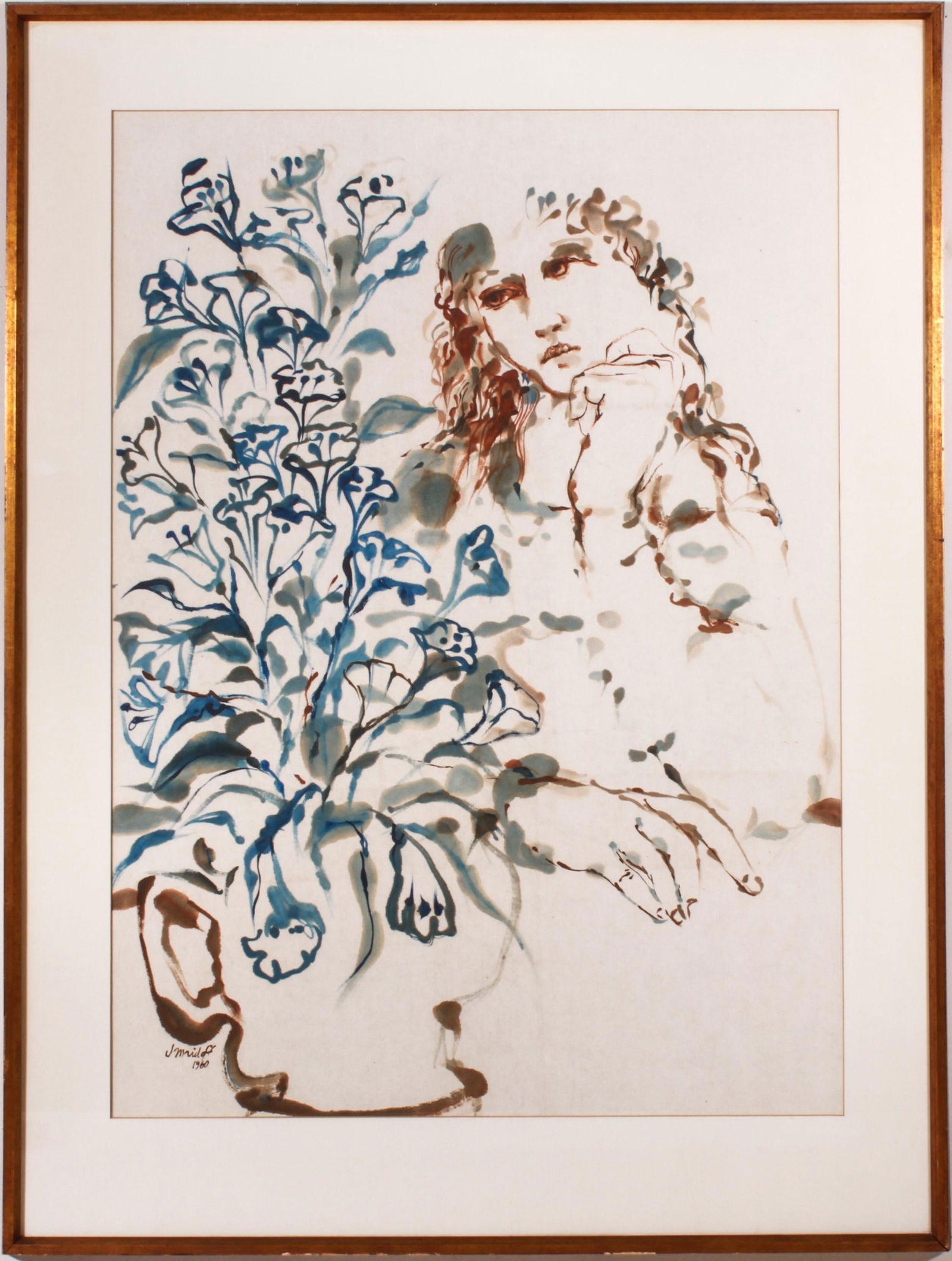 Jules Maidoff "Woman Contemplating Flowers" Ink (1 of 5)