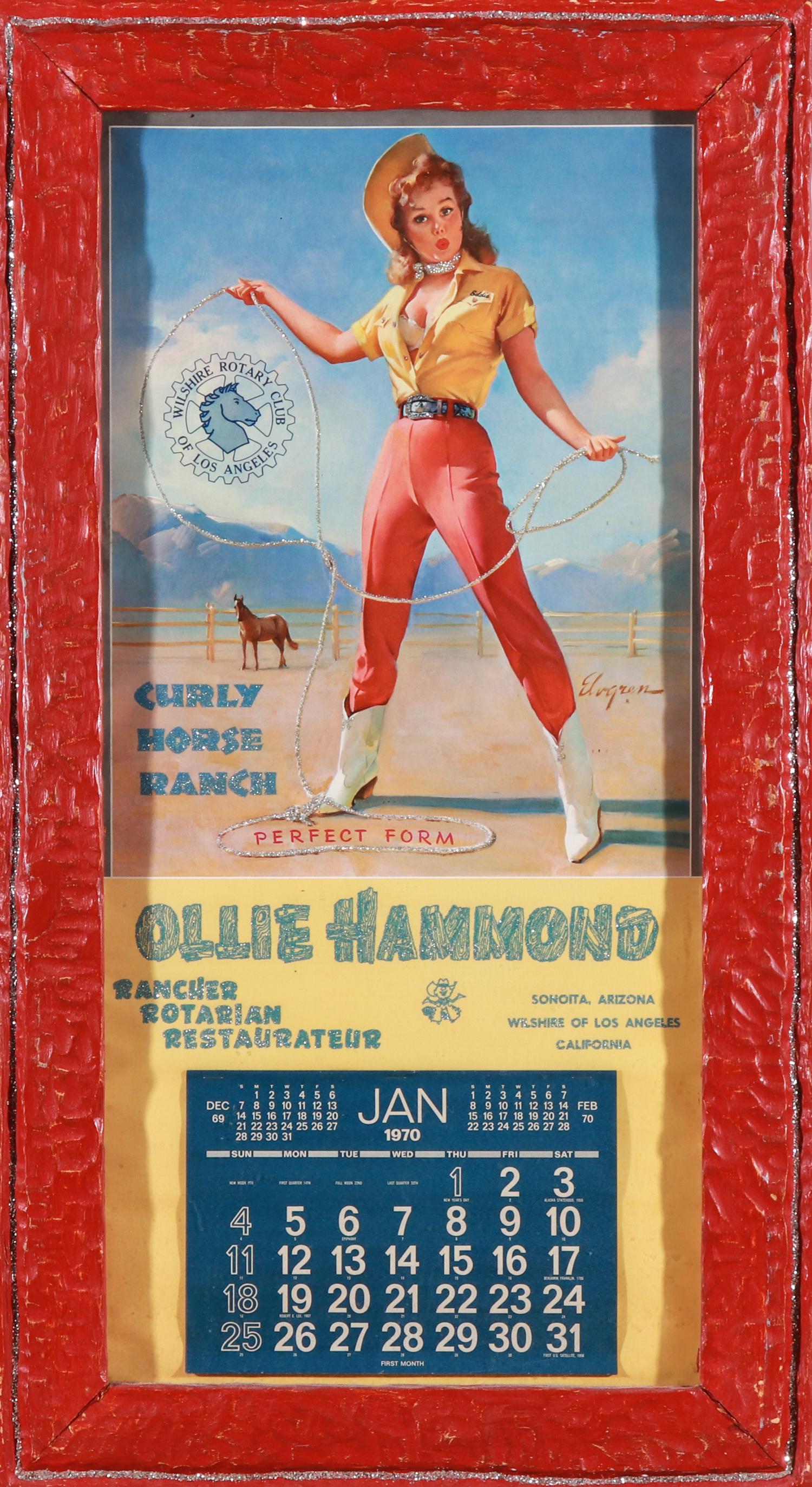 Ollie Hammond Glitter Vintage Pin-Up Calendar: Glitter embellished print. Image: 32" H x 15" W; frame: 38" H x 20.75" W x 1.5" D. Some wrinkling of image.
