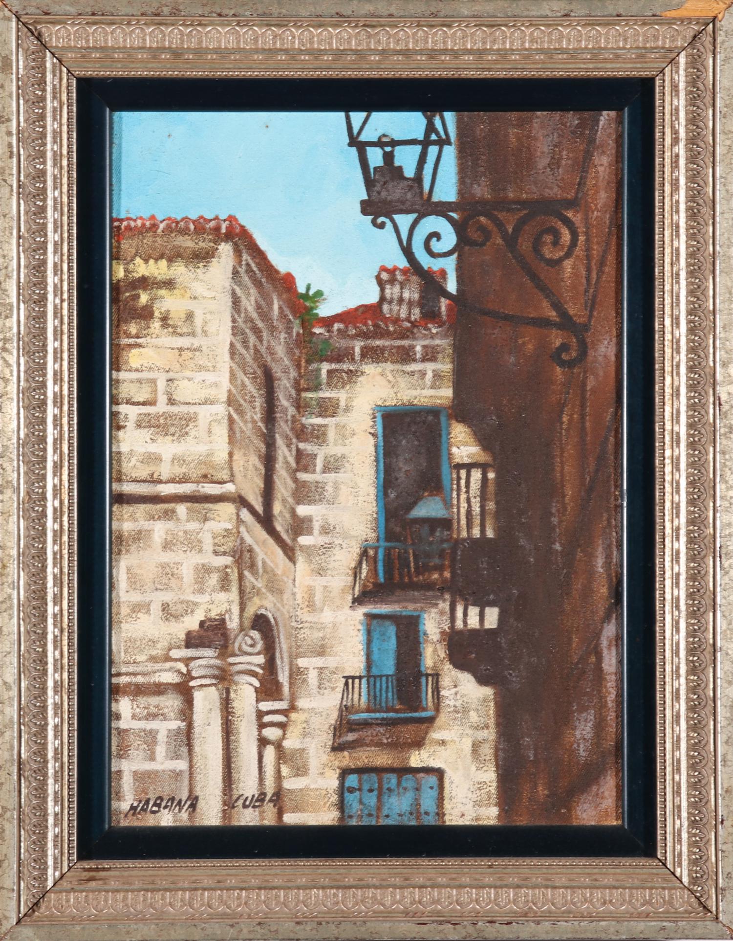 Cuban "Havana Buildings" Oil on Canvas: Signed illegibly and inscribed to reverse. Image: 14" H x 10" W; frame: 18.5" H x 14.5" W x 1.25" D. Some wear to frame.