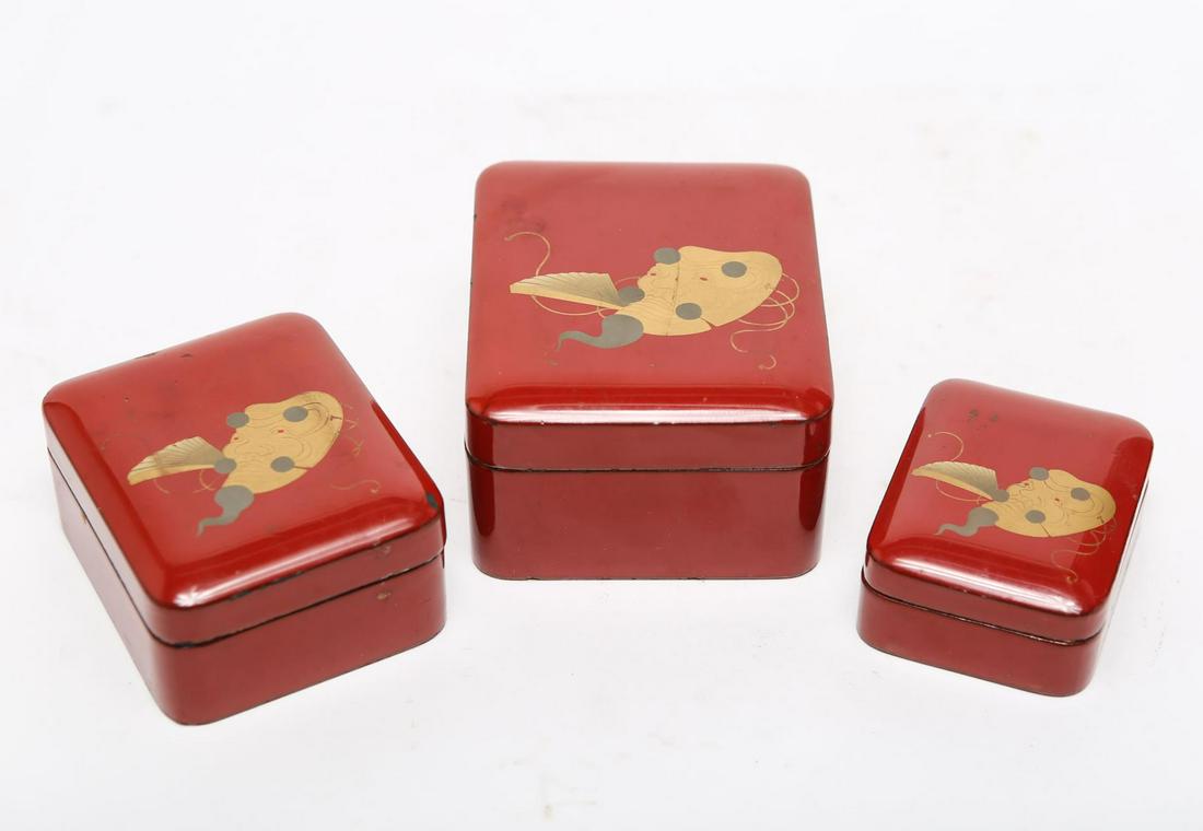 Japanese Lacquer Nesting Boxes Painted w Noh Mask (1 of 4)