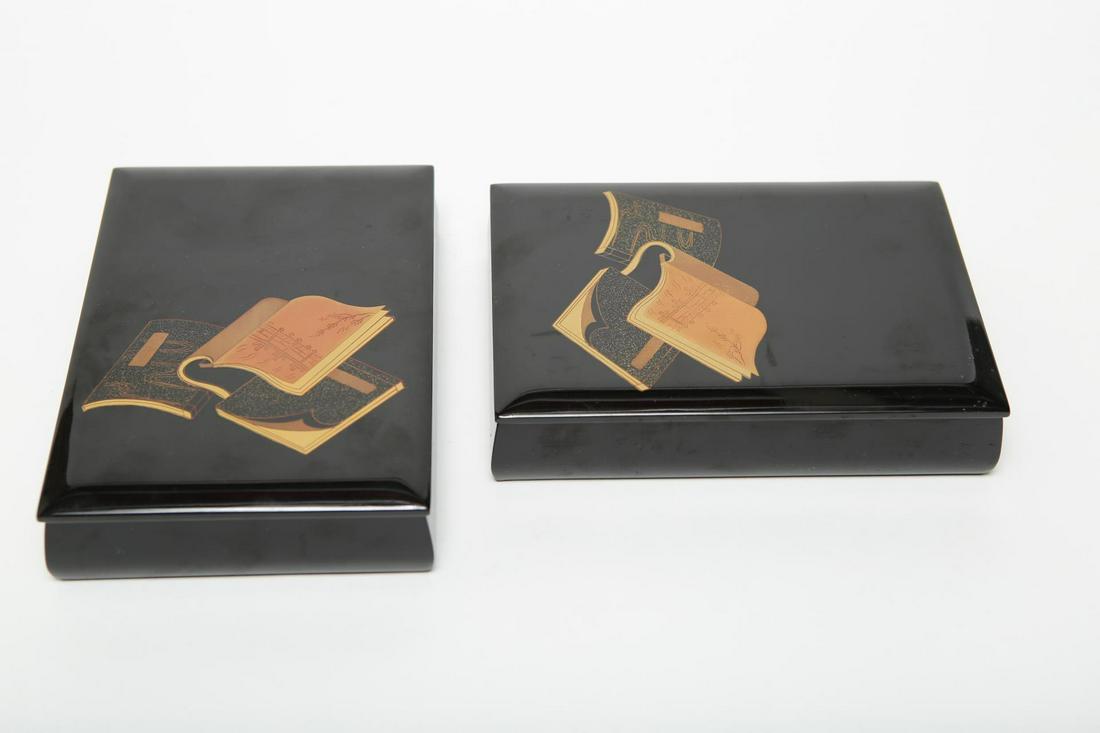 Japanese Black Lacquer Boxes Depicting Books, Pair (1 of 5)