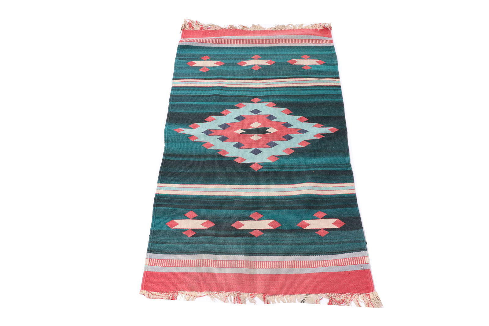 Native American Hand-Woven Rug 4' 4" x 2' 6": Native American / Southwestern hand-woven rug with geometric pattern in tones of turquoise, teal, and coral pink. 4' 4" L x 2' 6" W. Light soiling and loose threading.