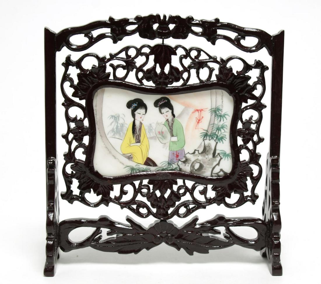 Chinese Hand-Painted & Carved Wood Table Screen (1 of 3)