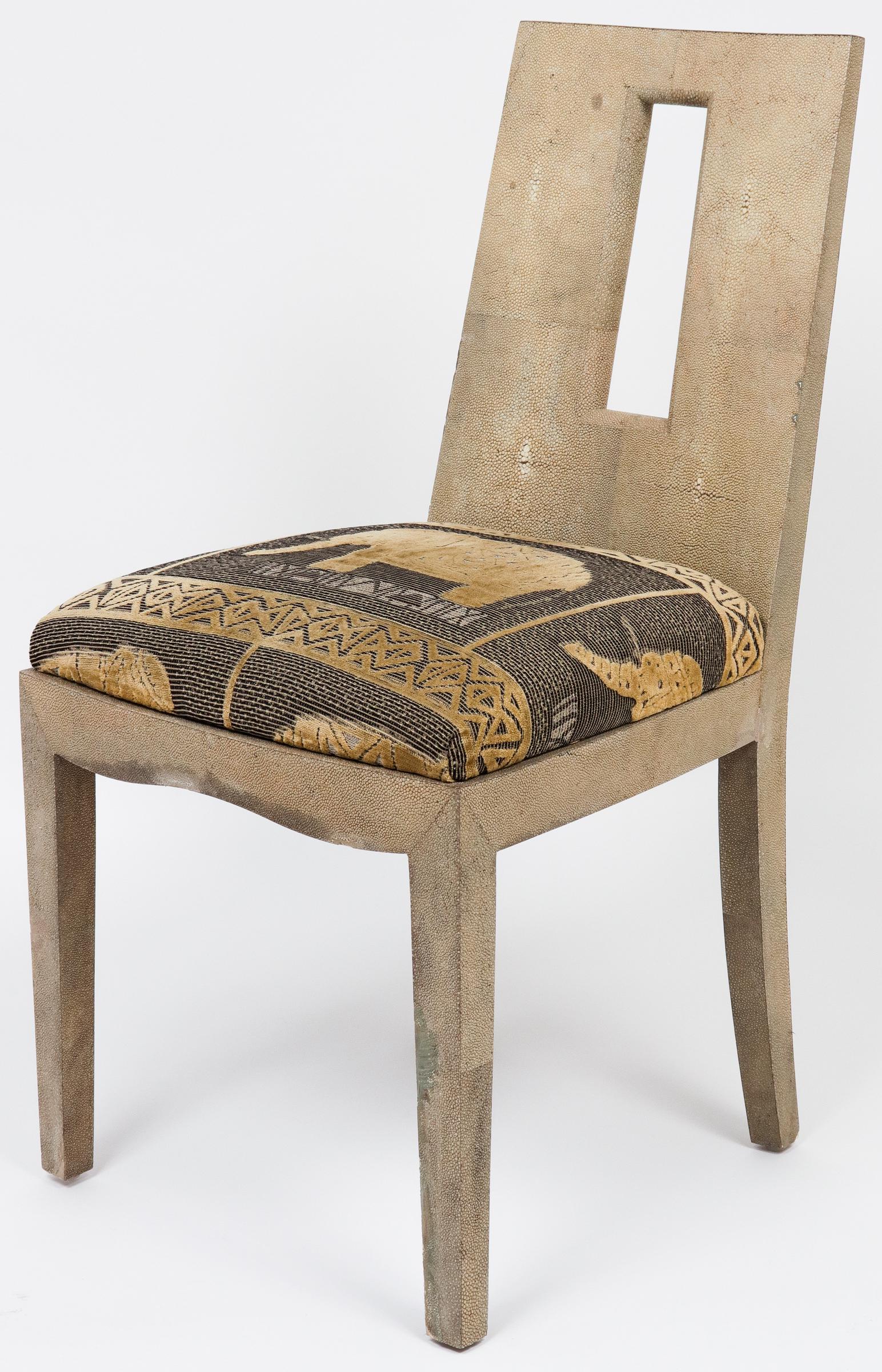Garrison Rousseau Shagreen Chair: Garrison Rousseau contemporary custom shagreen chair with geometric pierced splat and elephant motif upholstery. 36" H x 19" W x 19" D.