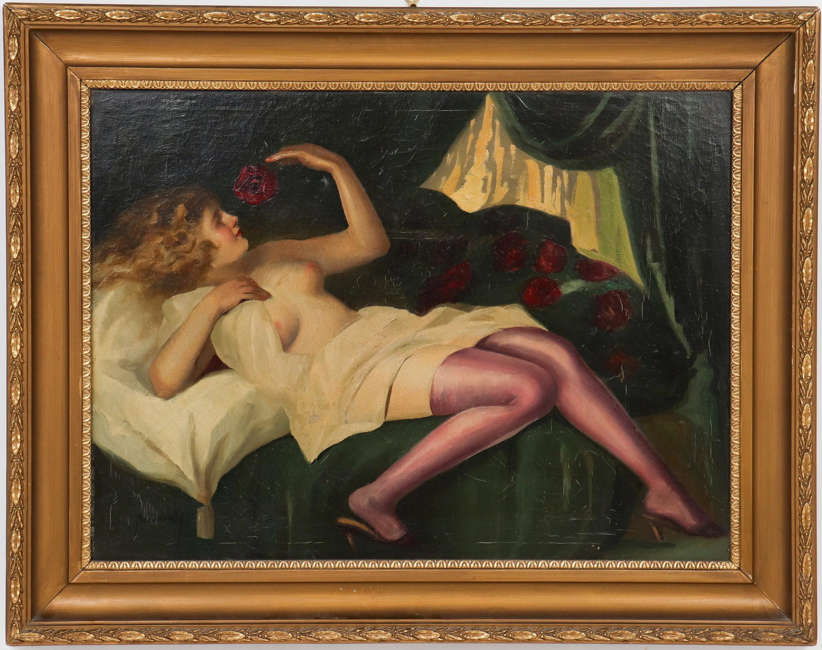 Ilma Bernath "Reclining Nude" Oil on Canvas: Ilma Lukacs Hugone Bernath (Hungarian, 1891-1961) oil on canvas, depicting Art Nouveau style reclining female nude holding flower, signed lower left, artist information labels in Hungarian on reverse.