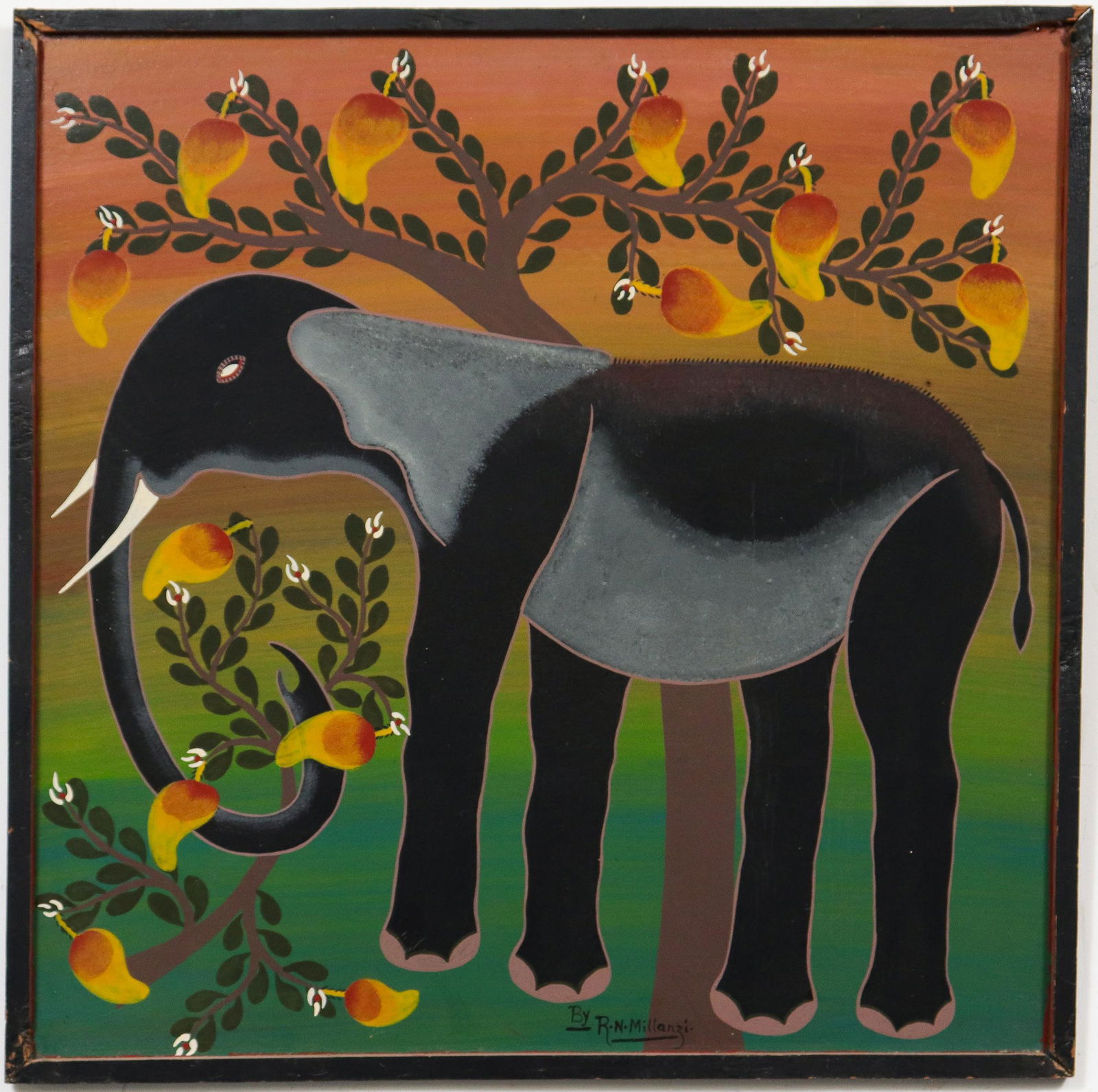R. N. Millanzi Tingatinga School Paint on Masonite: Tingatinga School bicycle paint on masonite depicting elephant with fruits, bearing signature "R. N. Millanzi" bottom center. Image: 23" H x 22.5" W; frame: 24" square x 0.5" D.