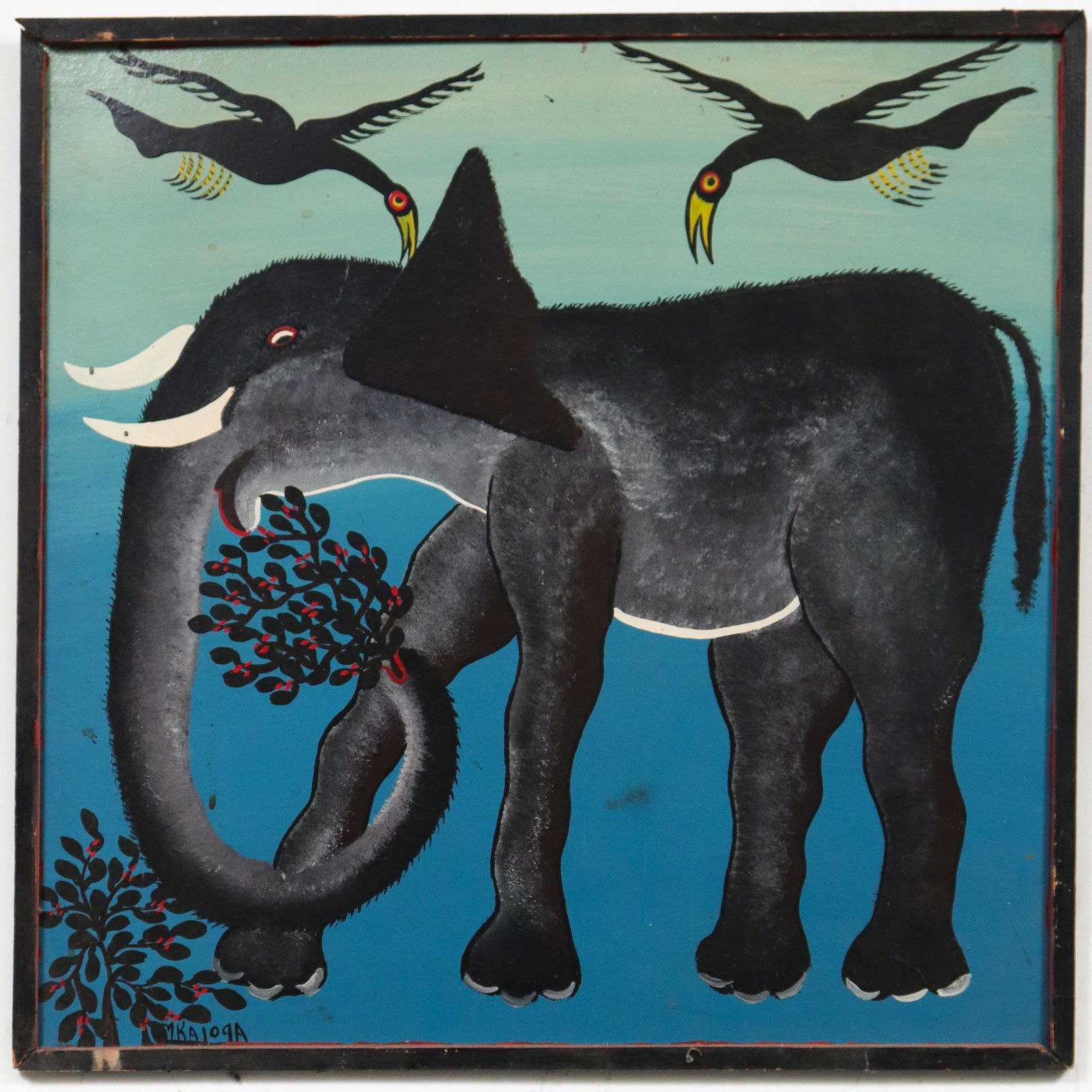 Illegibly Signed Tingatinga School Painting: Illegibly signed Tingatinga School bicycle paint on masonite depicting elephant and birds, bearing illegible signature lower left. Image: 23" H x 22.5" W; frame: 24" square x 0.5" D.