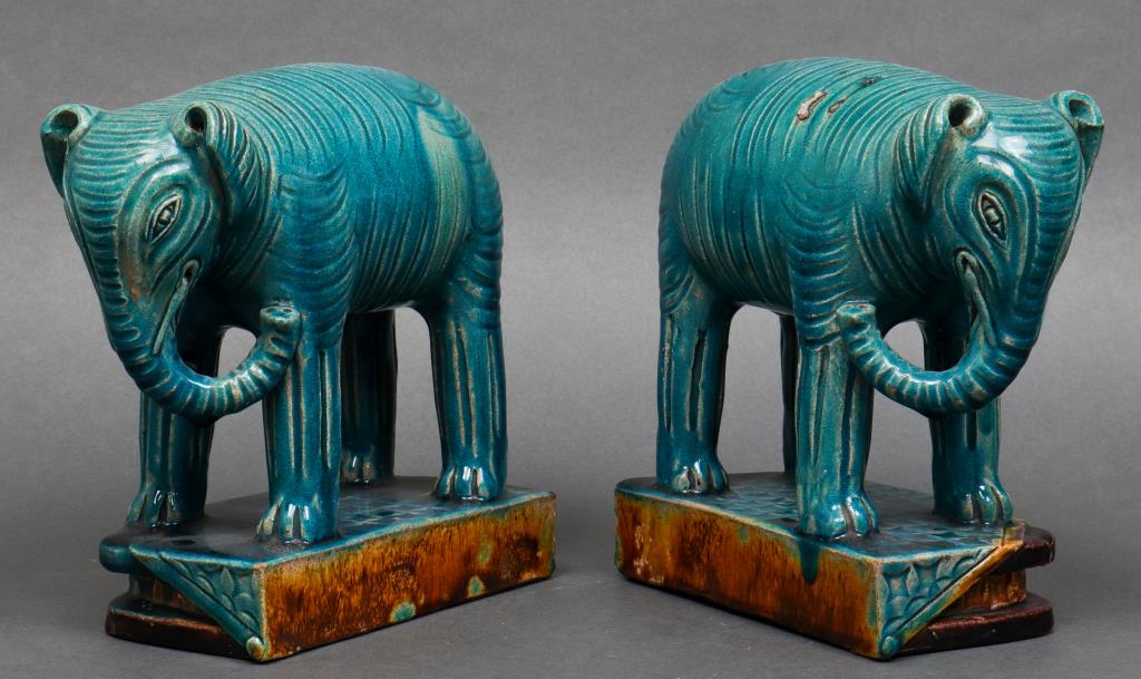 Chinese Turquoise Glazed Earthenware Elephants, Pr (1 of 8)