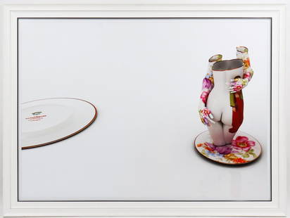 Kim Joon Korean Contemporary Art Photograph: Joon Kim (Korean, b. 1966) color photograph depicting still life of erotic porcelain torso and dinner plate, titled "Fragile - Chunhyang on the Limoges," 2010, and signed "Joon Kim," edition 4 / 5. Im