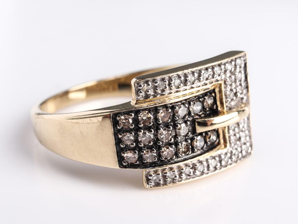 14K Yellow Gold, Brown & White Diamond Buckle Ring (1 of 5)