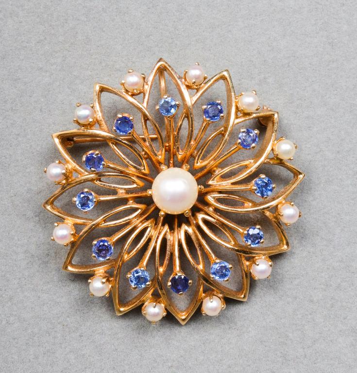 14K Yellow Gold Sapphire & Pearl Brooch / Pendant (1 of 4)