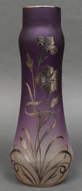 Art Nouveau Sterling Overlay Green Glass Vase (1 of 7)