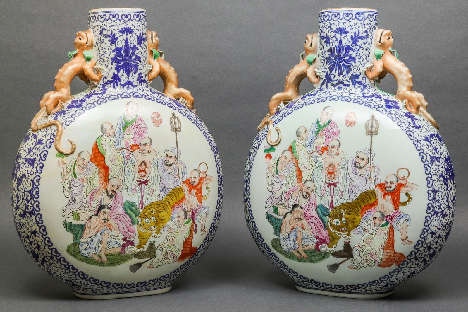 Large Chinese Hand Painted Moon Flasks, Pair (1 of 13)
